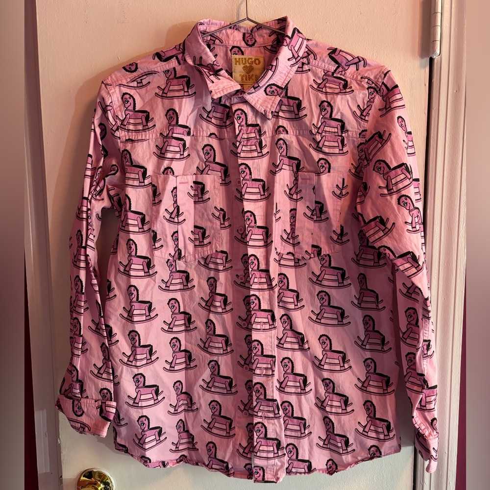 Hugo Loves Tiki ADULT MEDIUM rocking horse purple button up